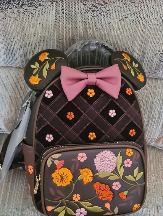 BoxLunch Exclusive Minnie Mouse Velvet Floral Interchangable Ear Backpack - Picture 1 of 7
